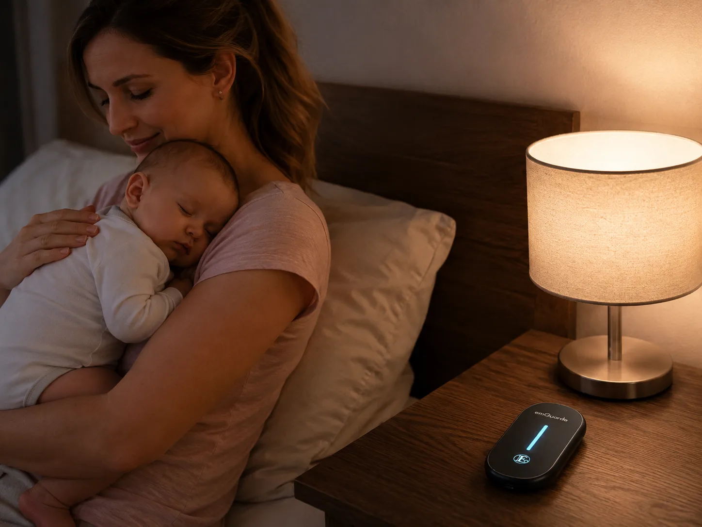 A mother holding her sleeping baby beside an emGuarde on the nightstand